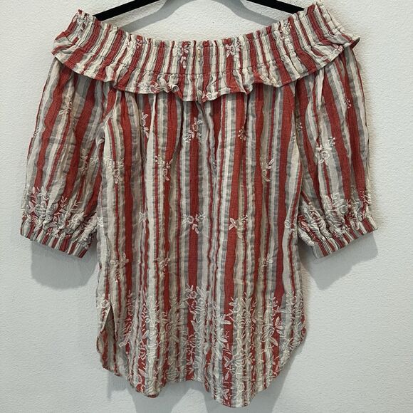MISA Los Angeles Coral Grey & White Stripe Embroidered Off Shoulder Top Sz M - Picture 2 of 7